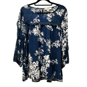 Vintage America Blues Floral Print Tunic‎ Top Blue White Long Sleeve Womens M